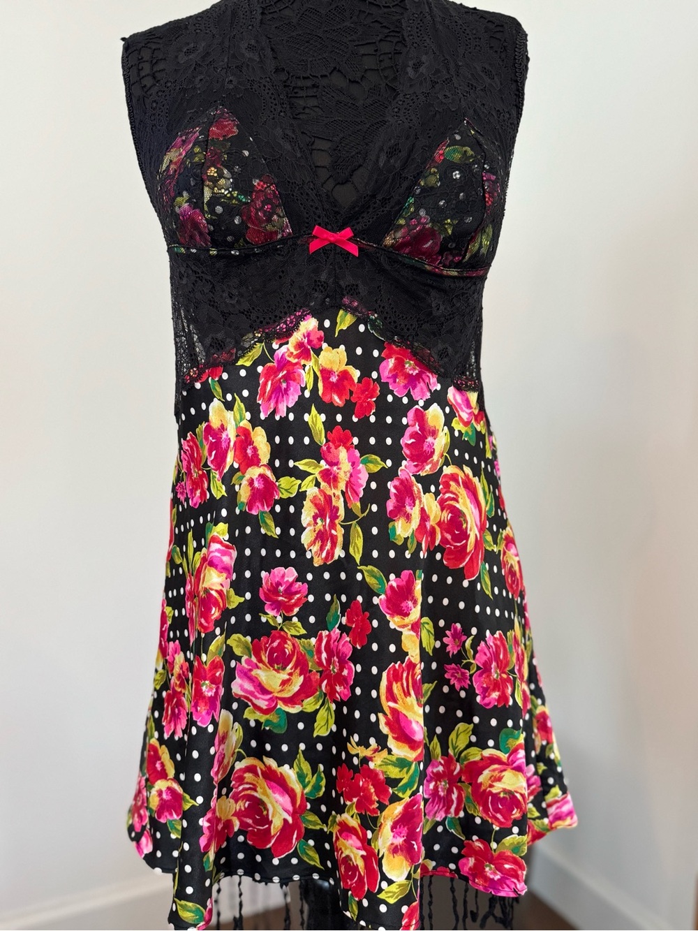 Victoria's Secret Black Lace Chemise with Pink Floral Print